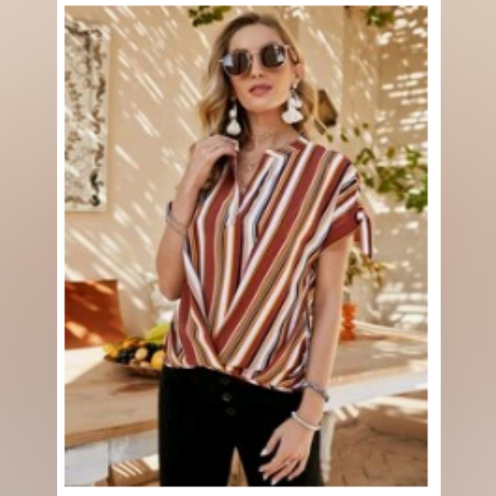 Shein Notched Neck Knotted Cuff Stripe Blouse